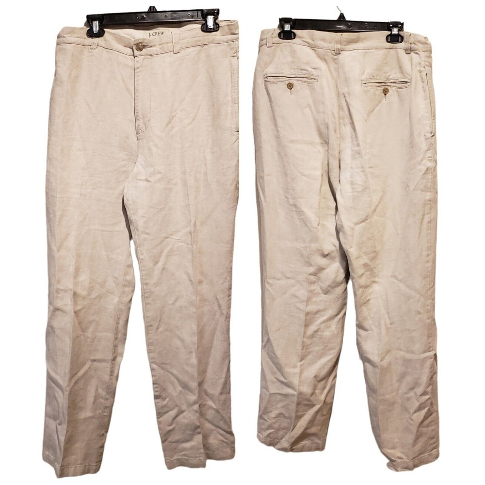 J. Crew Mens Khaki 100% Linen  Pants BUSINESS TROUSERS 34x32